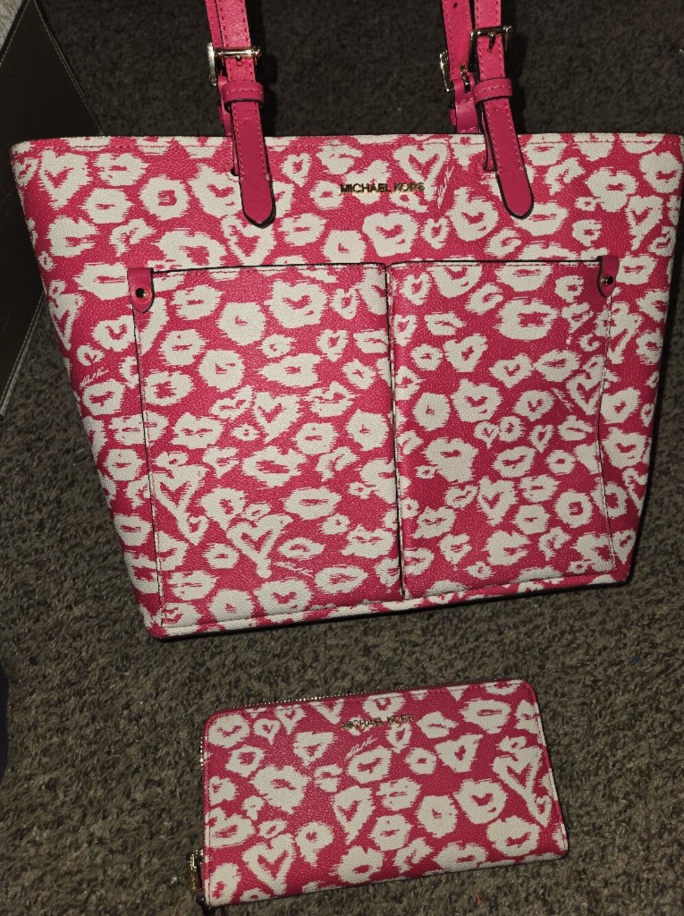 Michael Kors Pink and White Leopard Print Tote with Matching Wallet